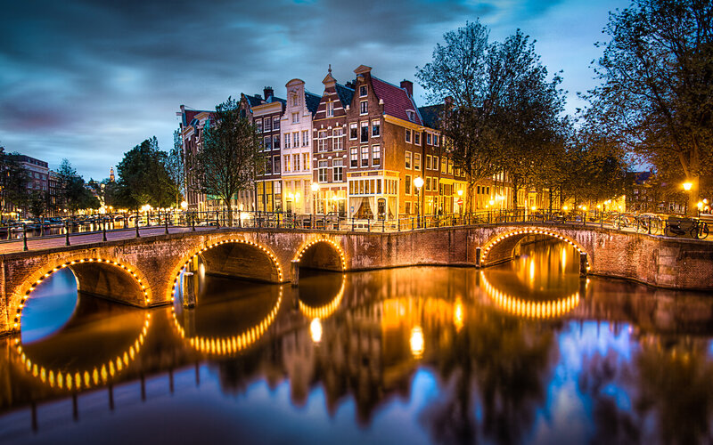 Canal Bridge at Night — Blue, Serene