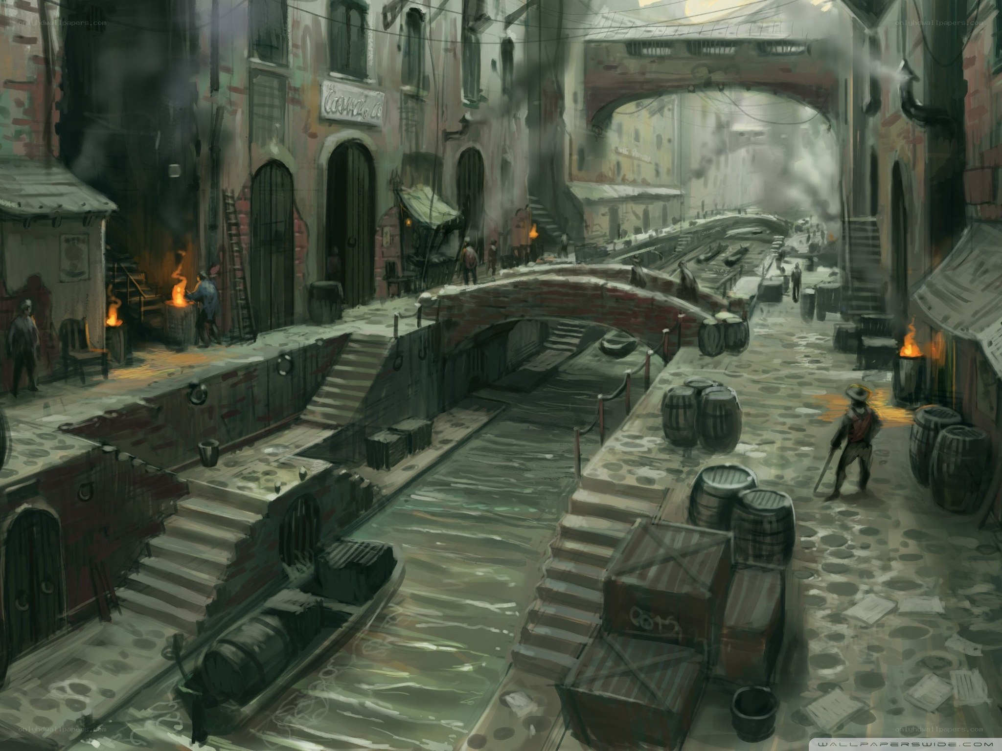 canal district with smoke and fire