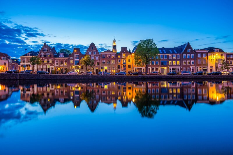 Canal Houses at Dusk — Blue, Serene, Night, Photograph, Buildings, Cars