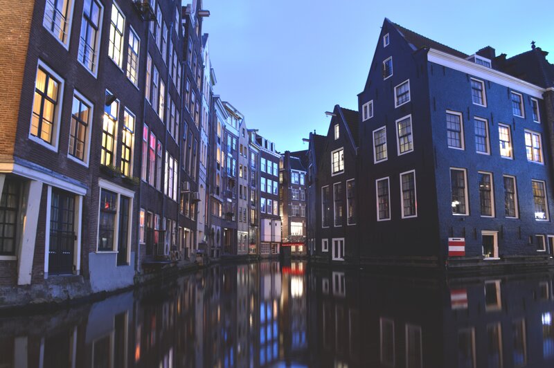 Canal Houses at Dusk — Blue, Serene, Night, Photograph, Buildings, Windows