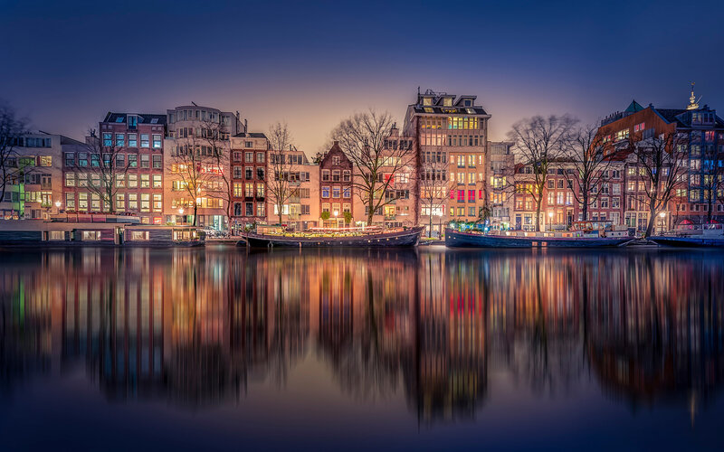 Canal Houses at Dusk — Blue, Serene, Night, Photograph