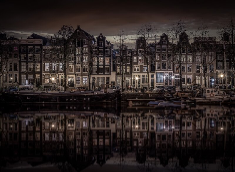 Canal Houses at Night — Black, Calm, Photograph
