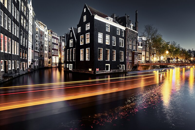 Canal Houses at Night — Black, Dramatic