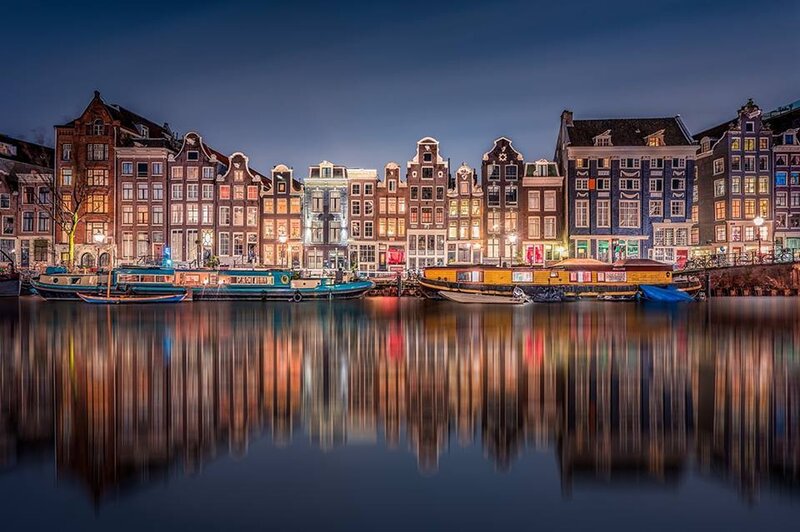 Canal Houses at Night — Blue, Serene, Photograph
