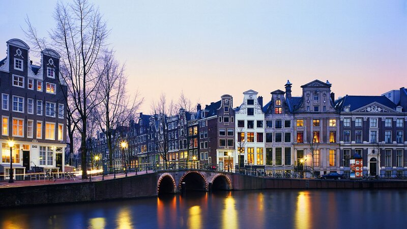 Canal Houses in Amsterdam — Blue, Serene, Sunset, Photograph, Buildings