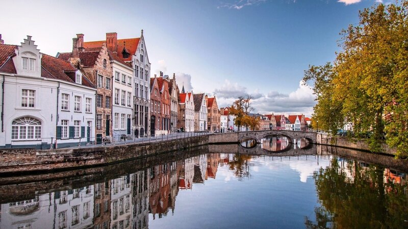 Canal Houses in Bruges — Blue, Serene, Autumn