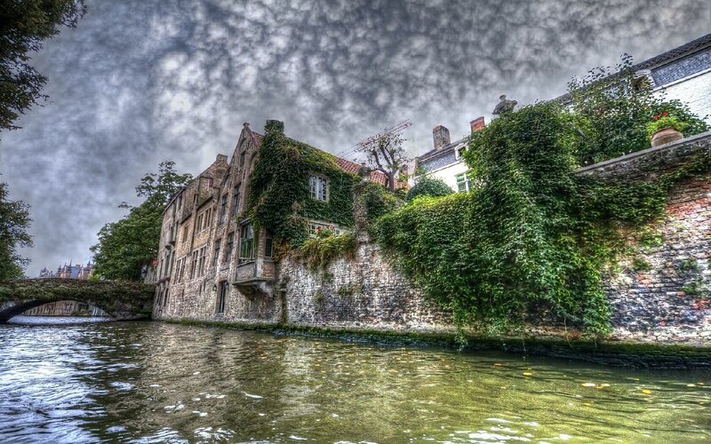 Canal in Bruges with ivy-covered buildings