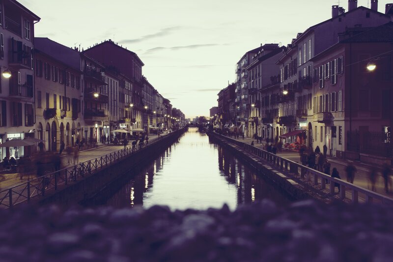 Canal in City at Dusk — Purple