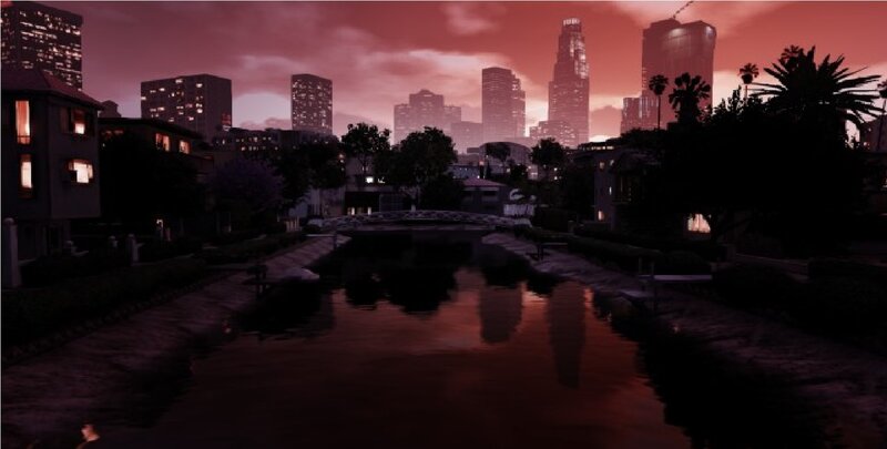 Canal in City at Dusk — Red
