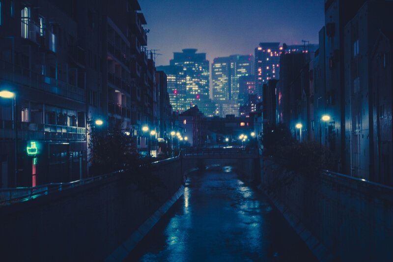 Canal in City at Night — Blue