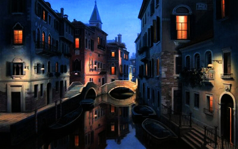 Canal in Venice at Night — Blue, Serene
