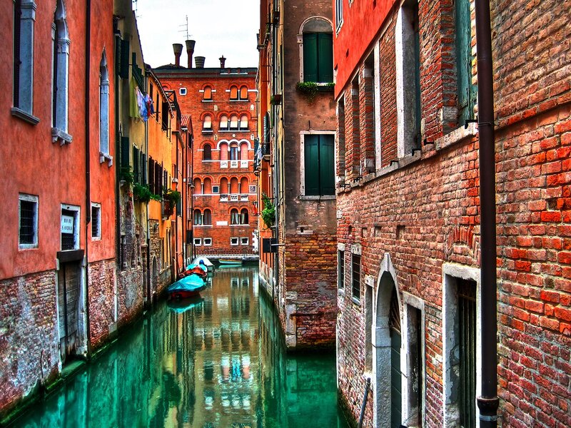 Canal in Venice — Red, Serene, Afternoon, Photograph, Buildings, Boats, Windows, Green