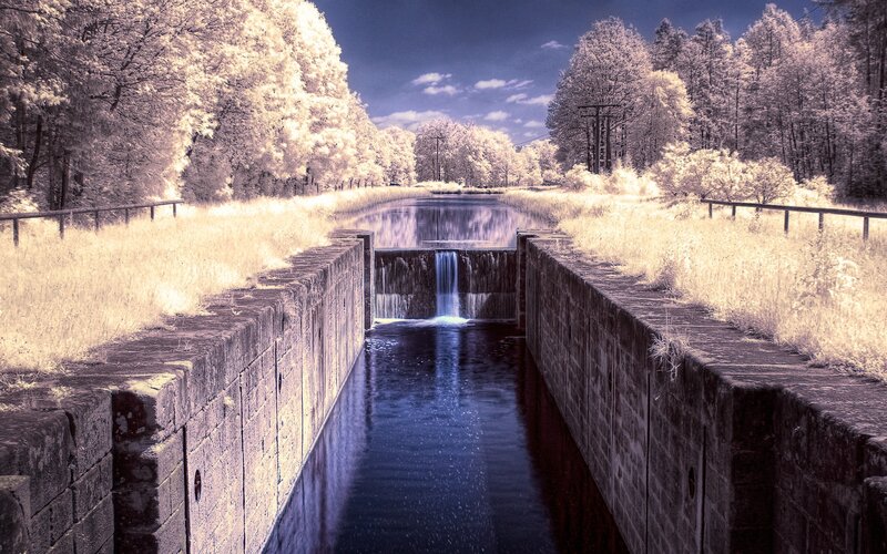 Canal Lock with Waterfall — Blue, Serene