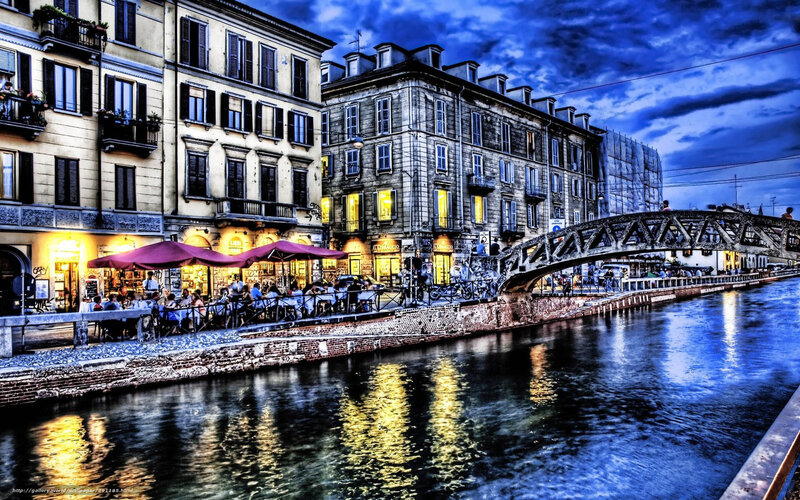 Canal scene at dusk in Italy