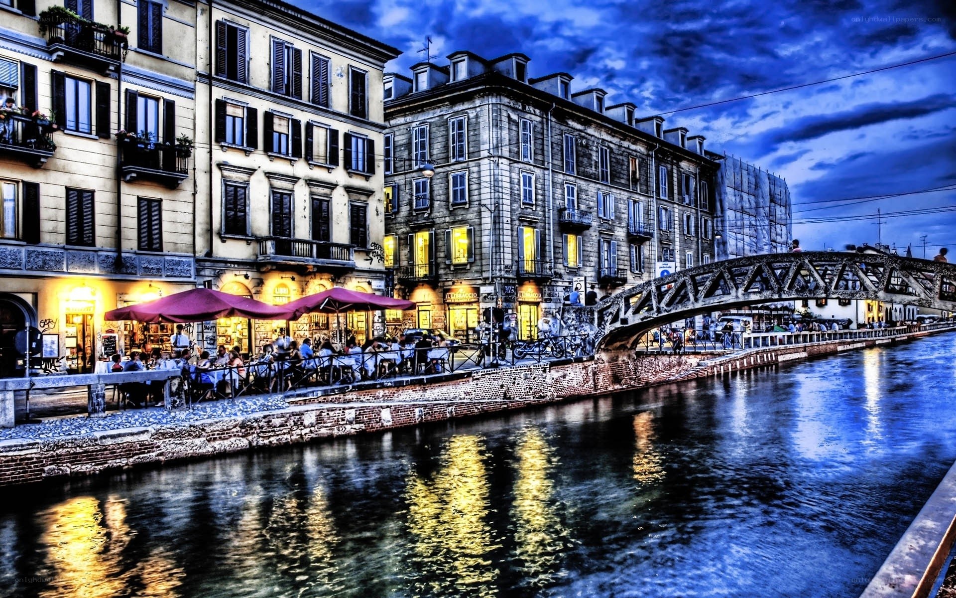 Canal-side cafe at dusk