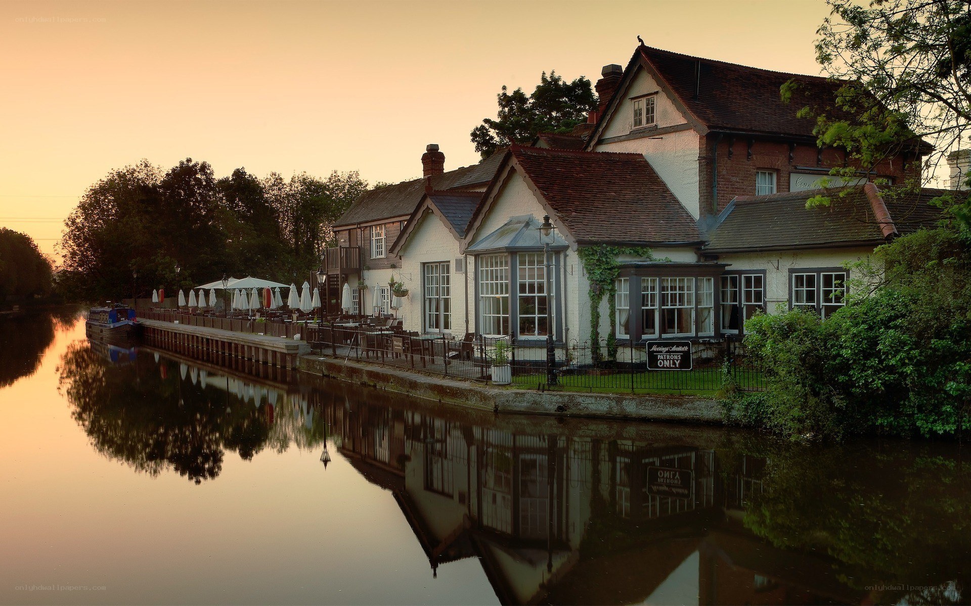 Canal-side pub at sunset