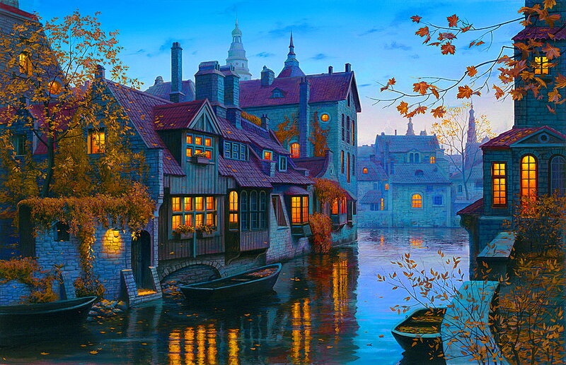 Canal Town at Dusk — Blue, Serene, Autumn