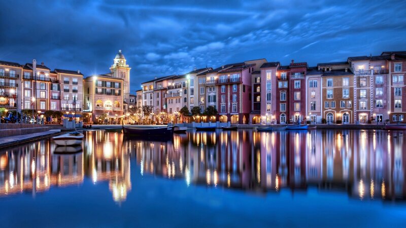 Canal Town at Dusk — Blue, Serene, Night, Photograph