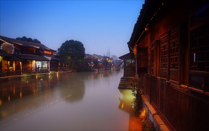 Canal Town at Dusk — Blue, Serene, Night
