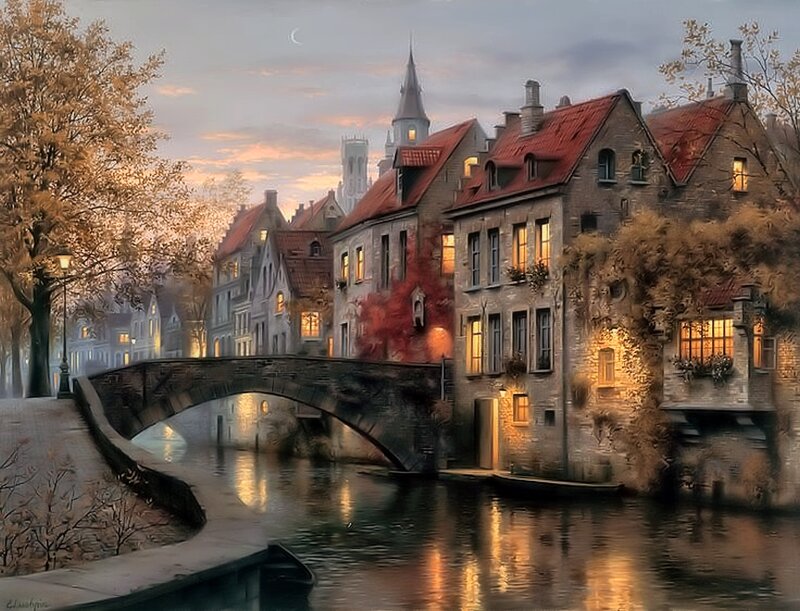 Canal Town at Dusk — Brown, Serene
