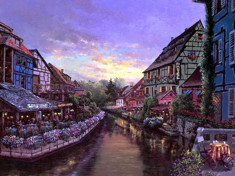 Canal Town at Dusk — Purple, Serene, Sunset