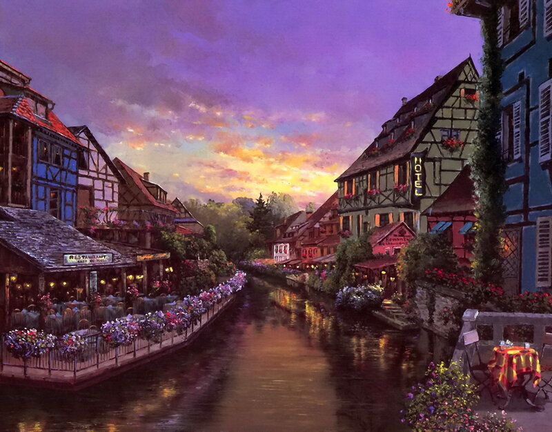 Canal Town at Dusk — Purple, Serene