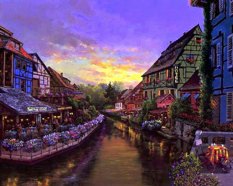 Canal Town at Dusk — Purple