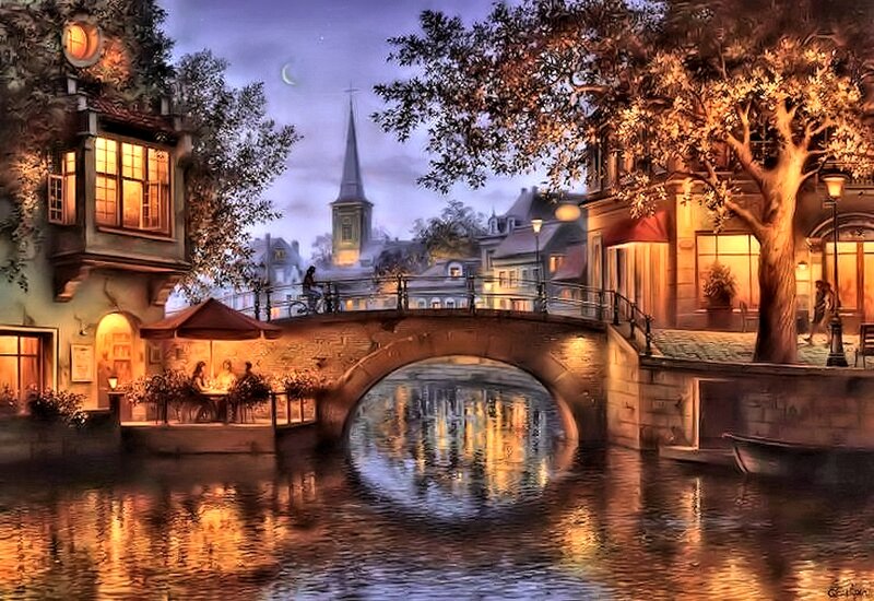 Canal Town at Night — Blue