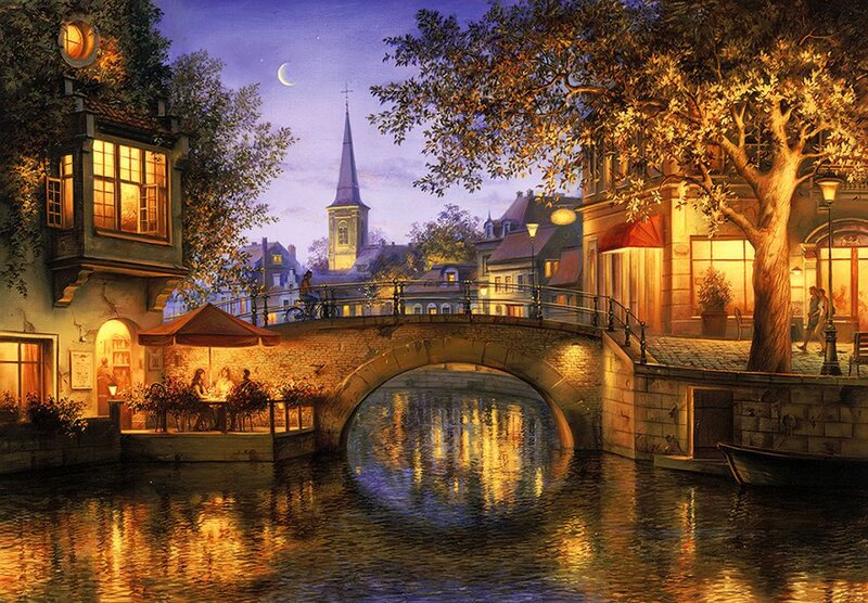 Canal Town at Night — Gold
