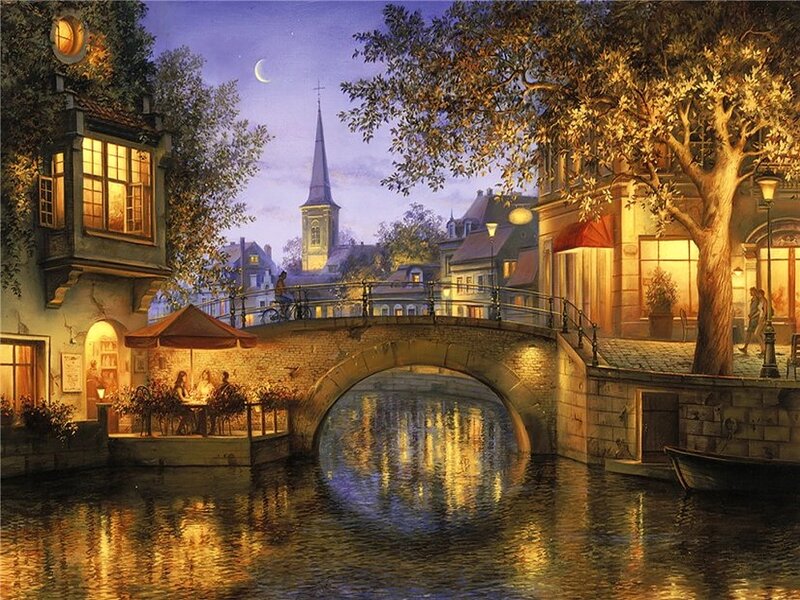 Canal Town at Night — Yellow