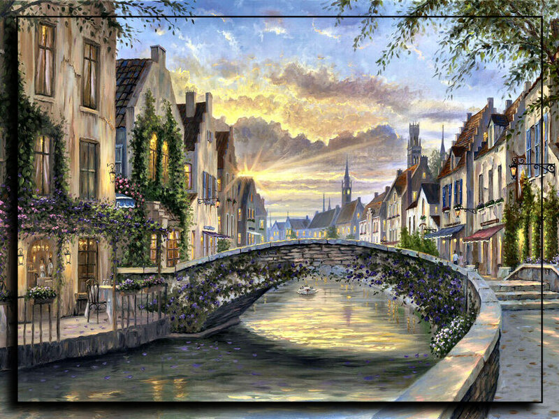 Canal Town at Sunset — Blue, Serene