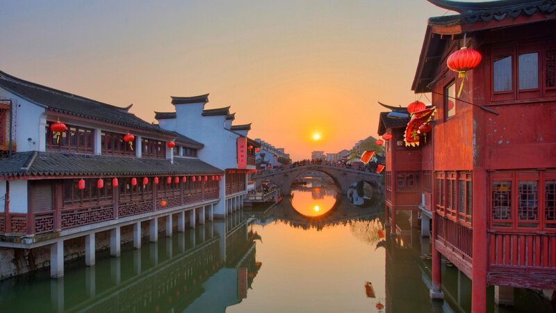 Canal Town at Sunset — Orange