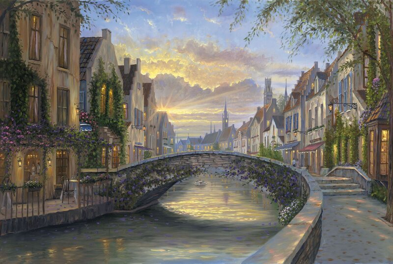 Canal town at sunset