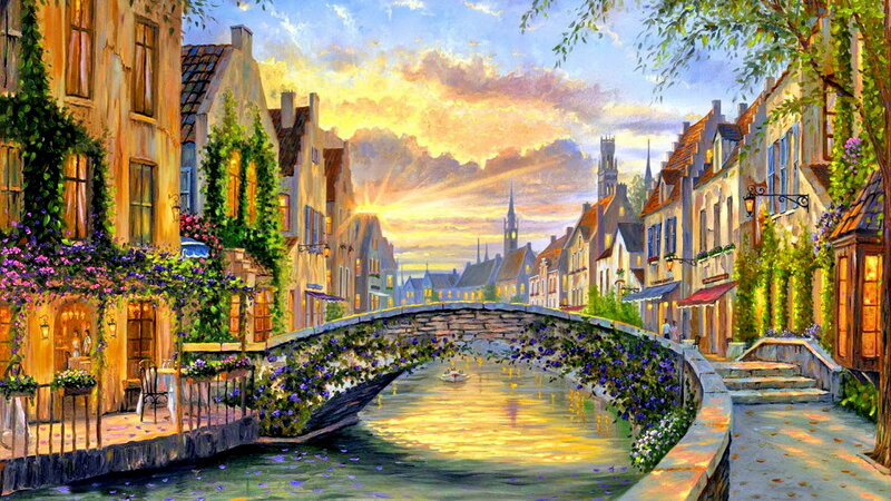 Canal Town at Sunset — Yellow, Serene, Painting, Bridge, Buildings, Trees