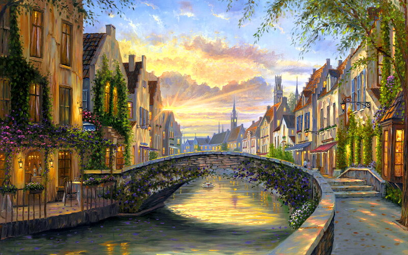 Canal Town at Sunset — Yellow, Serene, Painting, Bridge