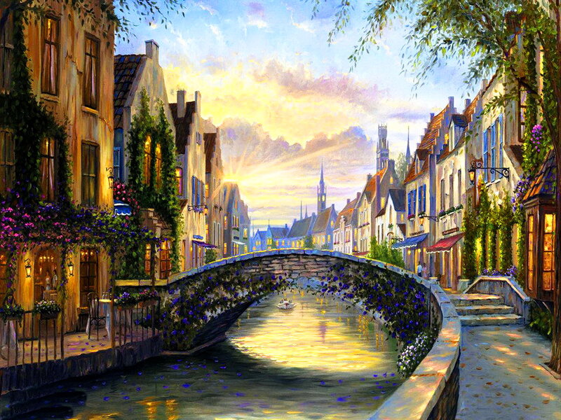 Canal Town at Sunset — Yellow, Serene