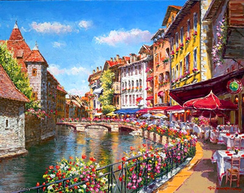 Canal Town Scene — Blue