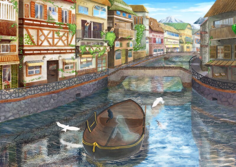 Canal town with boat and cat