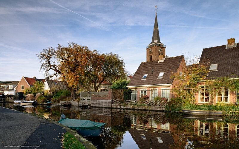 Canal town with church spire