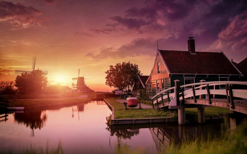 Canal Village at Sunset — Purple