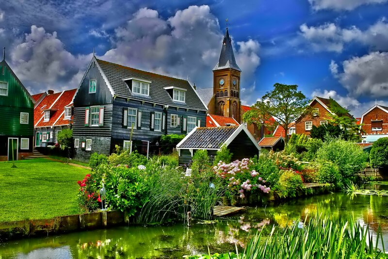 Canal Village Scene — Blue