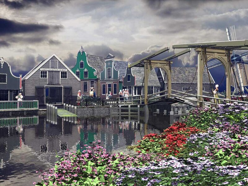 Canal Village Scene — Green