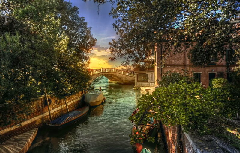 Canal with Boats and Bridge — Green