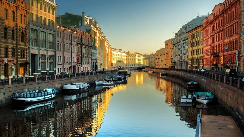 Canal with Boats and Buildings — Blue