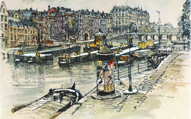 Canal with Boats and Buildings — Brown