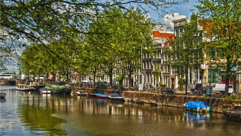 Canal with Boats and Buildings — Green