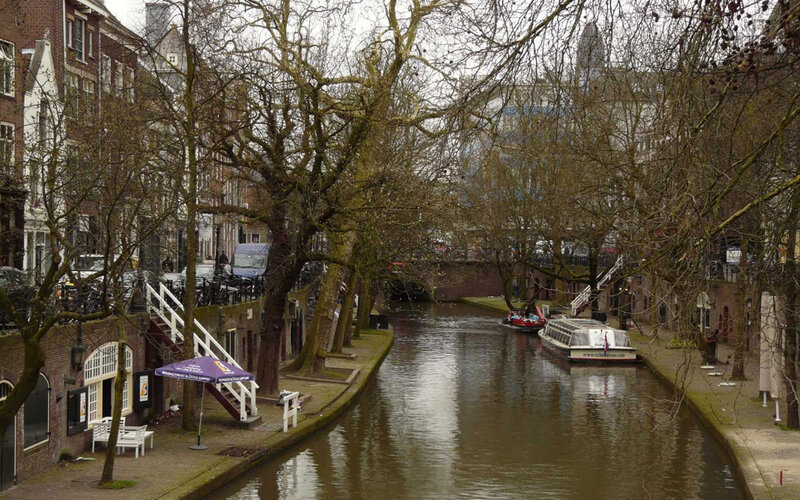 Canal with Boats and Trees — Brown