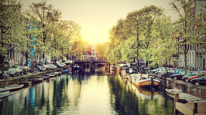 Canal with Boats and Trees — Green, Serene, Sunset