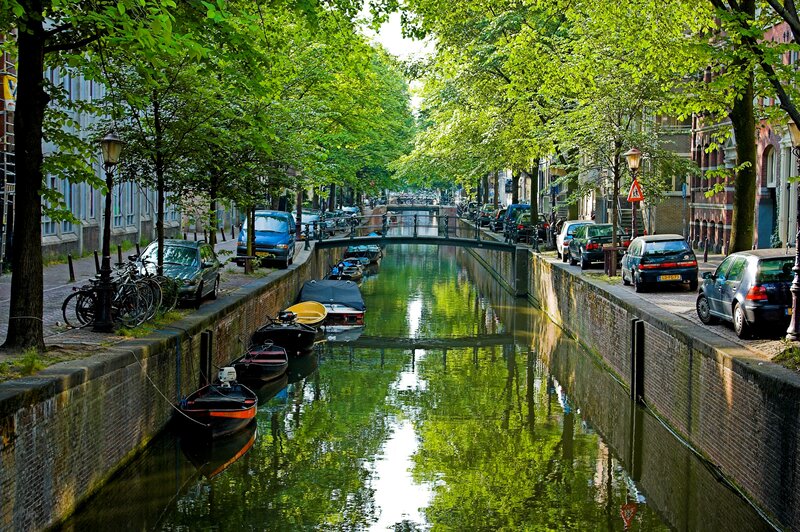 Canal with Boats and Trees — Green, Serene