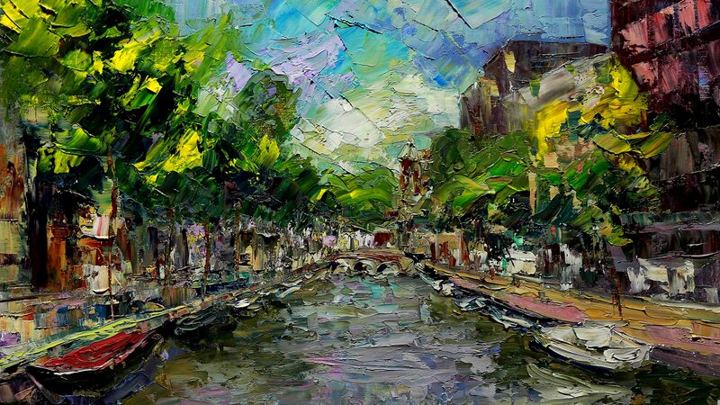 Canal with Boats and Trees — Green, Vibrant